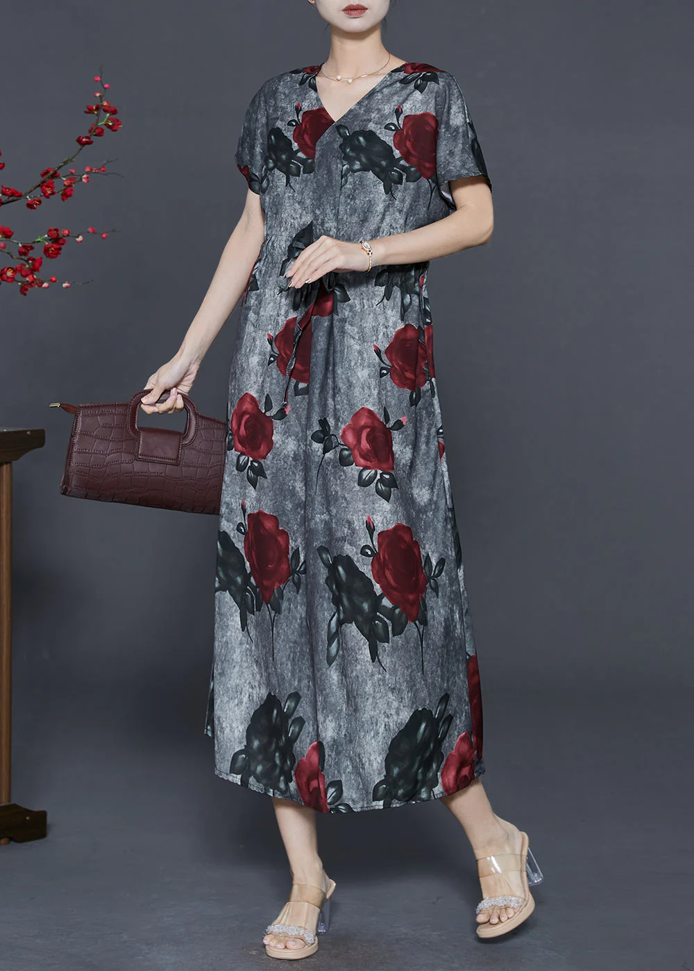 French Grey Cinched Floral Cotton Long Dress Summer - Image 2