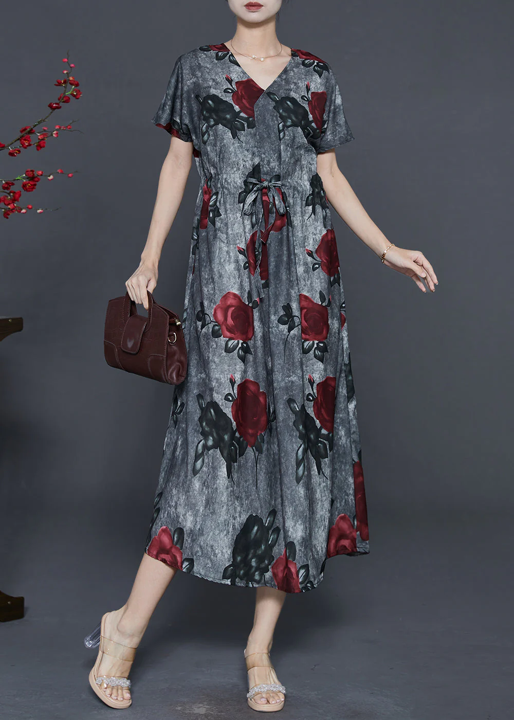 French Grey Cinched Floral Cotton Long Dress Summer - Image 3