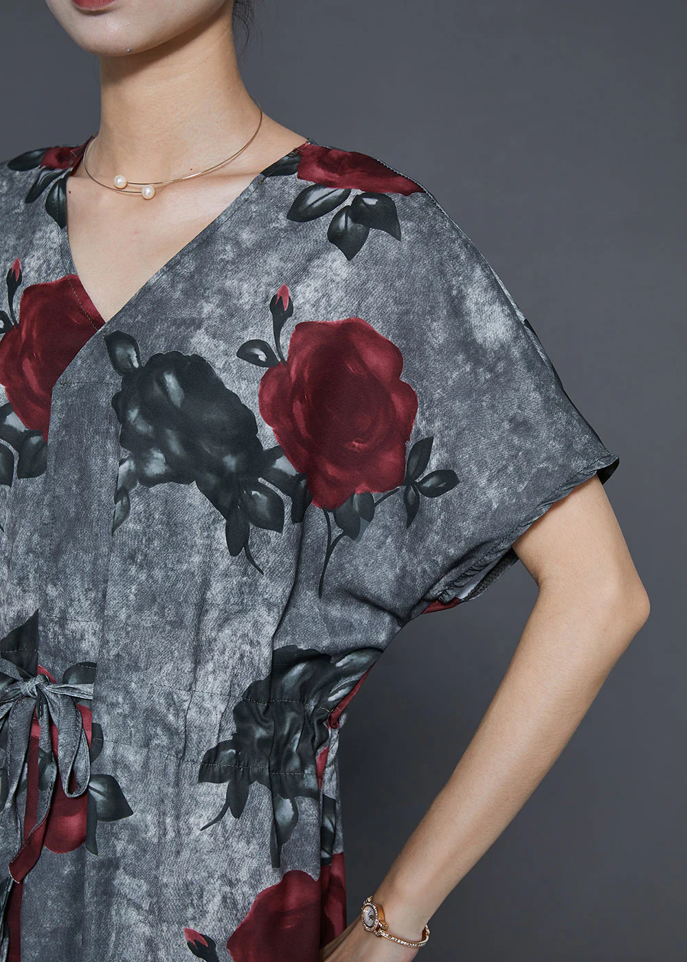 French Grey Cinched Floral Cotton Long Dress Summer - Image 5