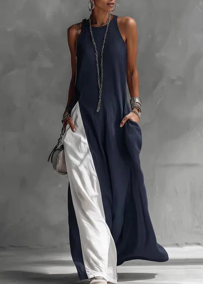 French Grey Cold Shoulder Pockets Patchwork Cotton Dress Summer - Image 4