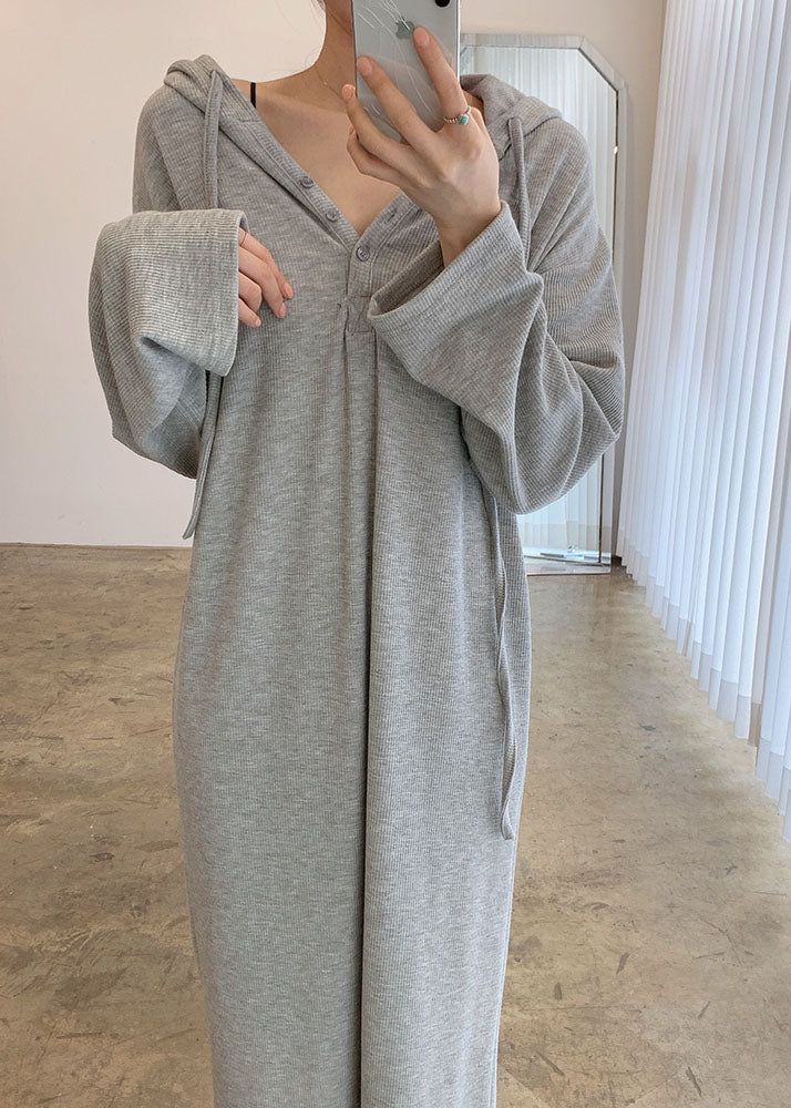 French Grey Hooded Casual Maxi Dresses Spring - Image 2