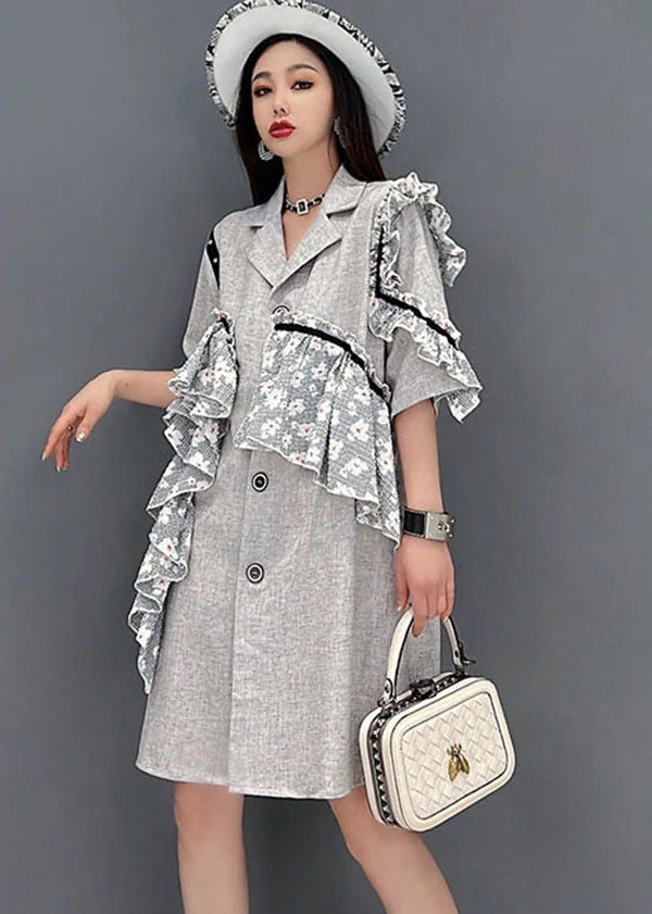 French Grey Notched Collar Asymmetrical Design Lace Patchwork Vacation Dress Short Sleeve - Image 2