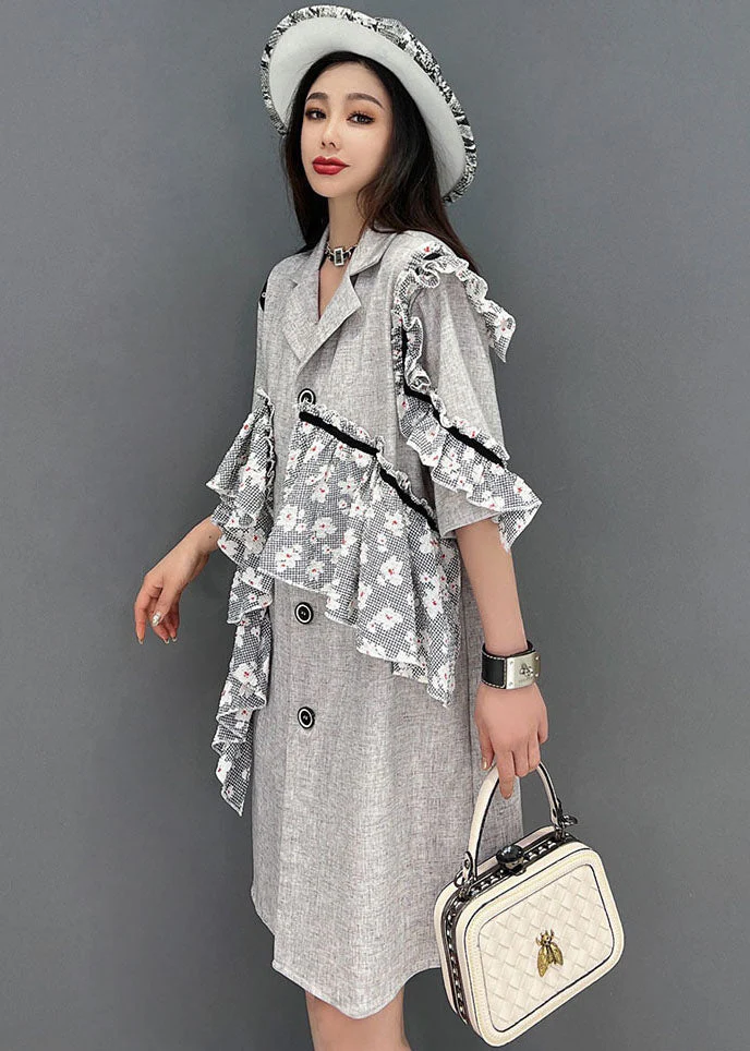 French Grey Notched Collar Asymmetrical Design Lace Patchwork Vacation Dress Short Sleeve - Image 3