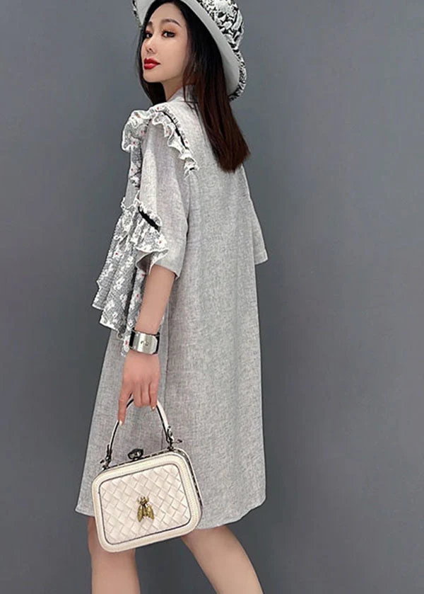 French Grey Notched Collar Asymmetrical Design Lace Patchwork Vacation Dress Short Sleeve - Image 4