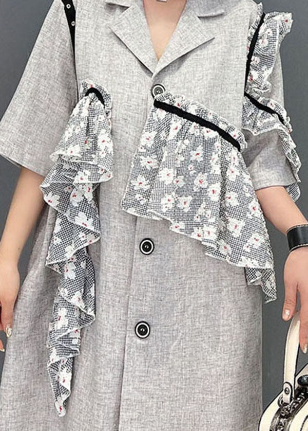 French Grey Notched Collar Asymmetrical Design Lace Patchwork Vacation Dress Short Sleeve - Image 5