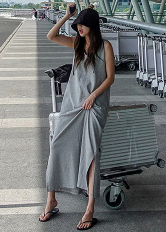 French Grey O-Neck Backless Side Open Cotton Long Dress Sleeveless - Image 2