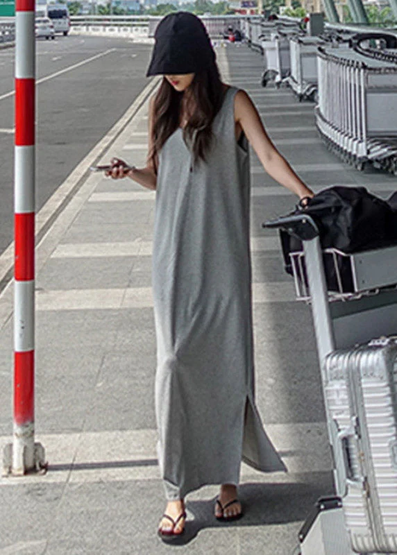 French Grey O-Neck Backless Side Open Cotton Long Dress Sleeveless - Image 3