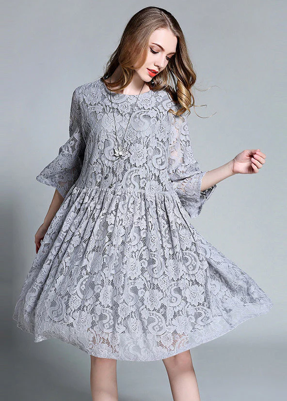 French Grey O-Neck Hollow Out Lace Mid Dress Bracelet Sleeve - Image 2