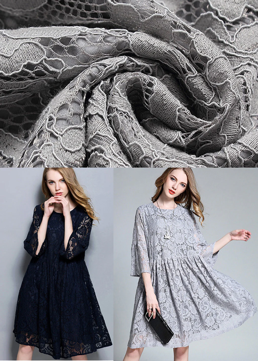 French Grey O-Neck Hollow Out Lace Mid Dress Bracelet Sleeve - Image 5