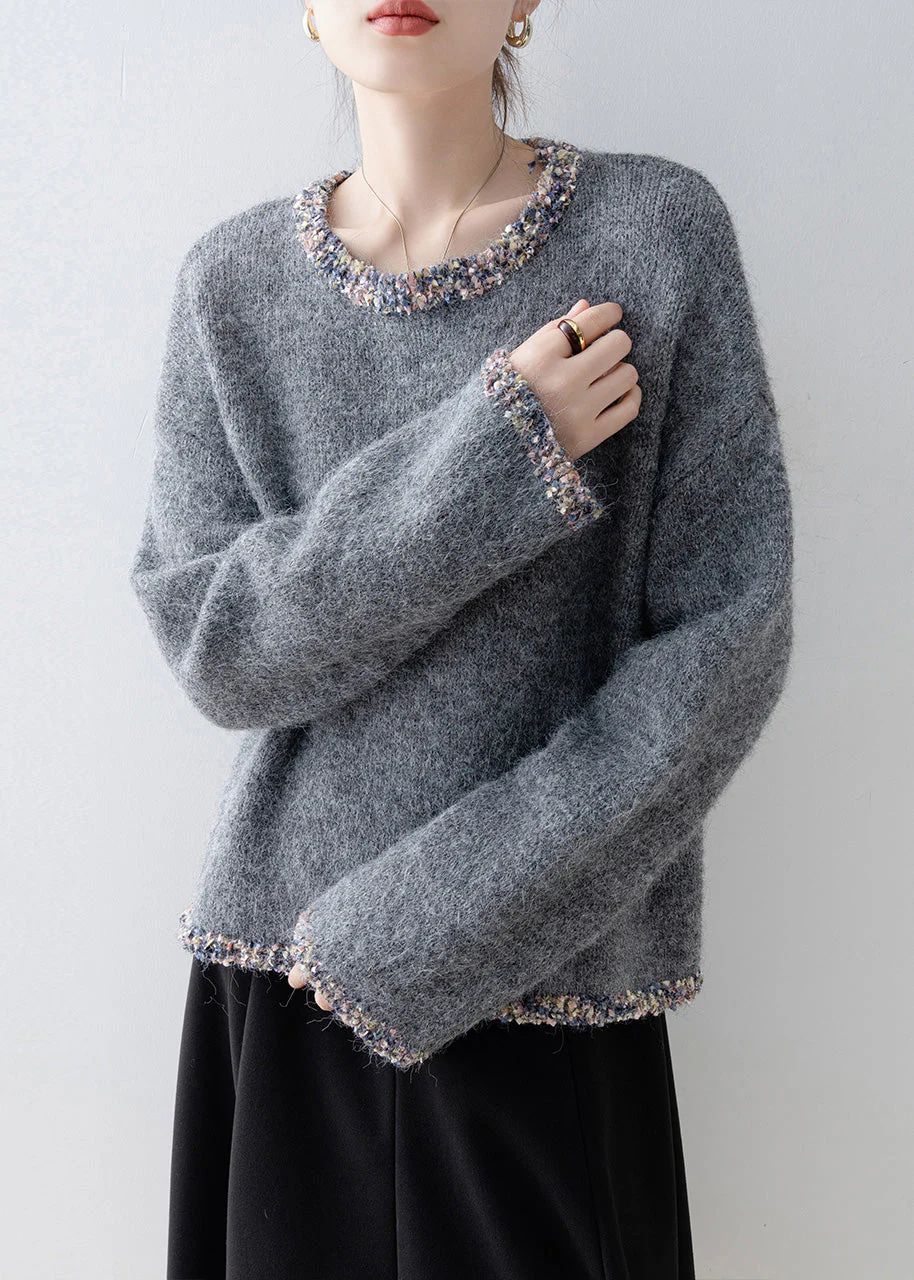 French Grey O Neck Patchwork Knit Sweaters Tops Spring - Image 3