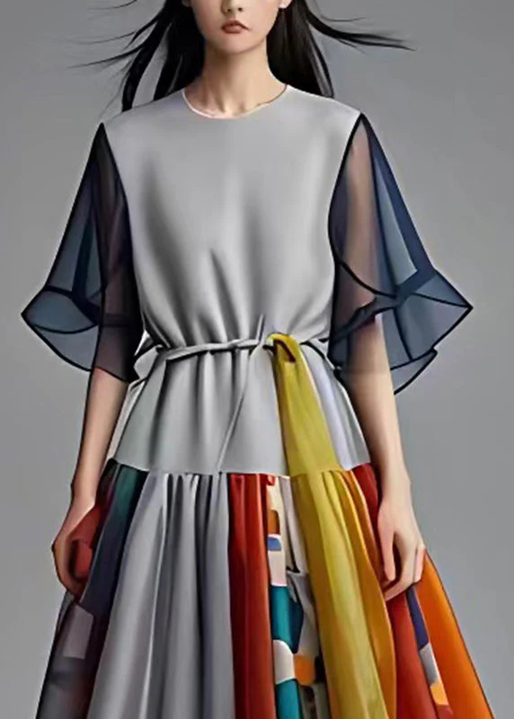 French Grey O-Neck Print Wrinkled Chiffon Long Dress Summer - Image 2