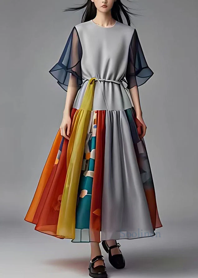 French Grey O-Neck Print Wrinkled Chiffon Long Dress Summer - Image 3