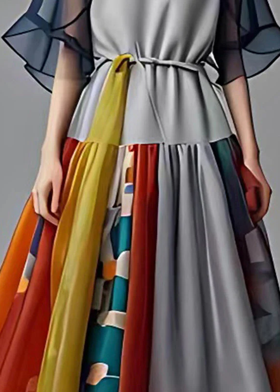 French Grey O-Neck Print Wrinkled Chiffon Long Dress Summer - Image 4