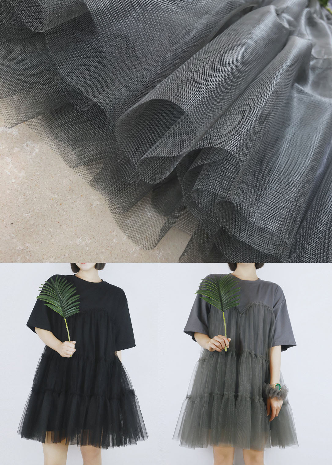 French Grey O-Neck Tulle Patchwork Cotton Robe Dresses Short Sleeve - Image 5