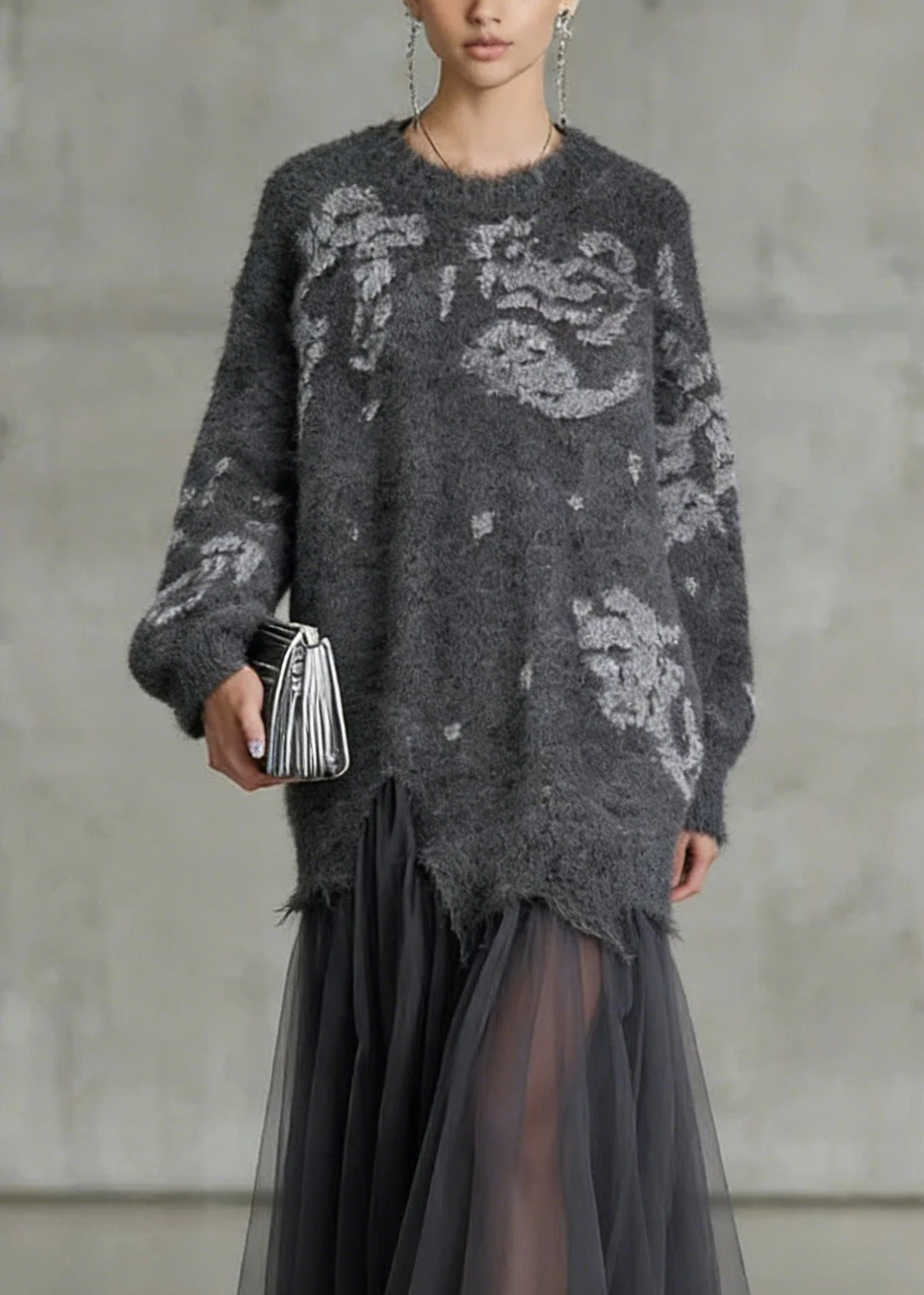 French Grey O Neck Tulle Patchwork Knit Dress Spring - Image 2