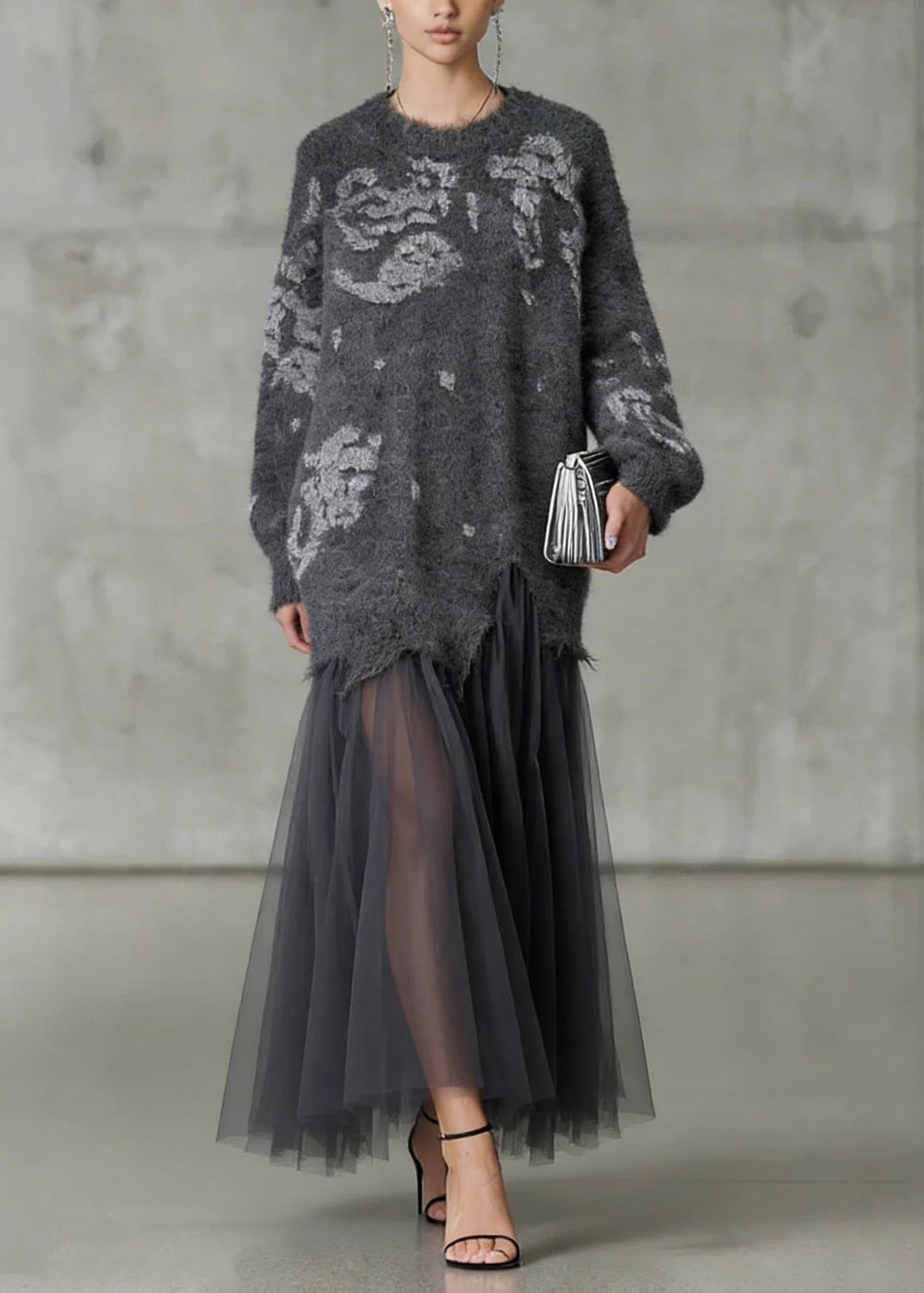 French Grey O Neck Tulle Patchwork Knit Dress Spring - Image 3