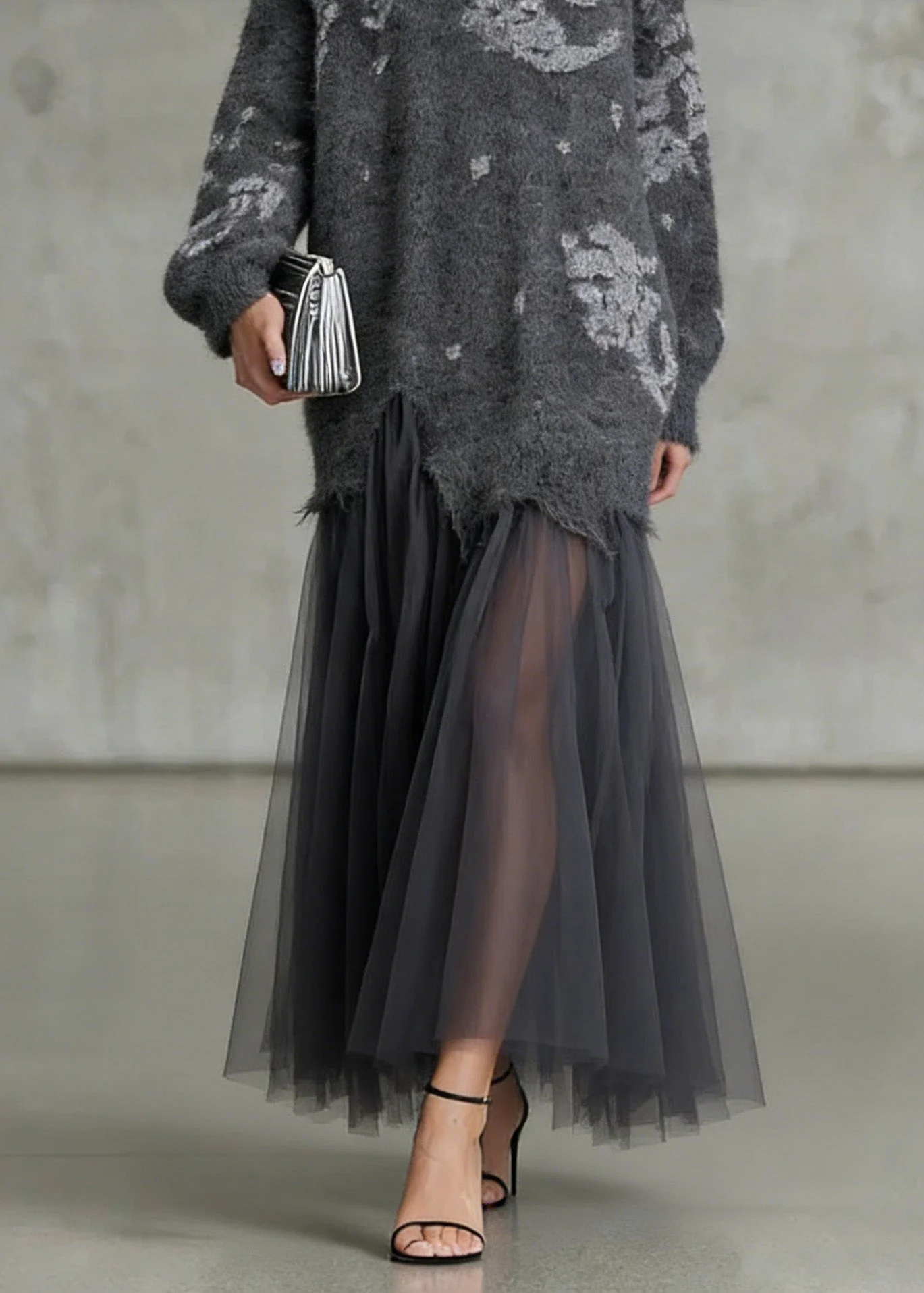 French Grey O Neck Tulle Patchwork Knit Dress Spring - Image 4