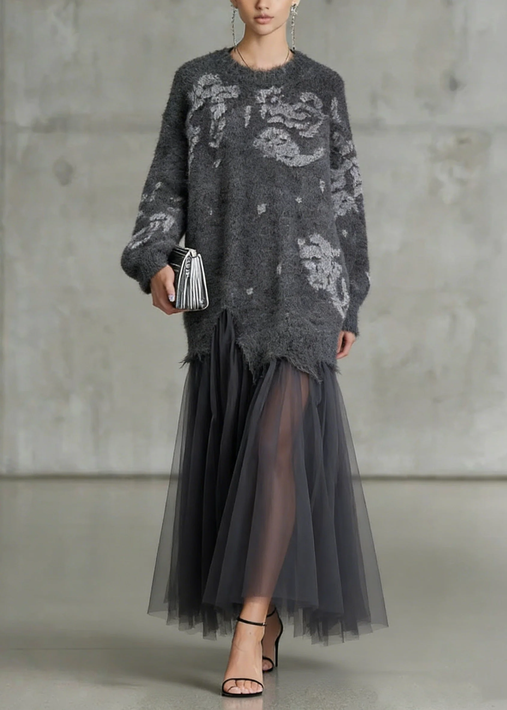French Grey O Neck Tulle Patchwork Knit Dress Spring - Image 5
