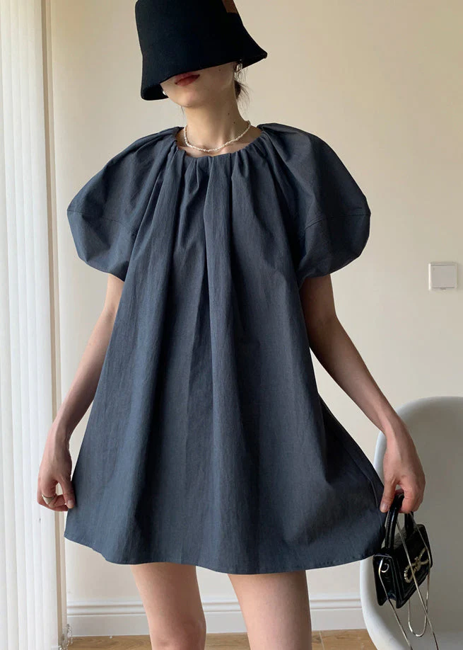 French Grey O Neck Wrinkled Patchwork Cotton Dress Puff Sleeve - Image 2