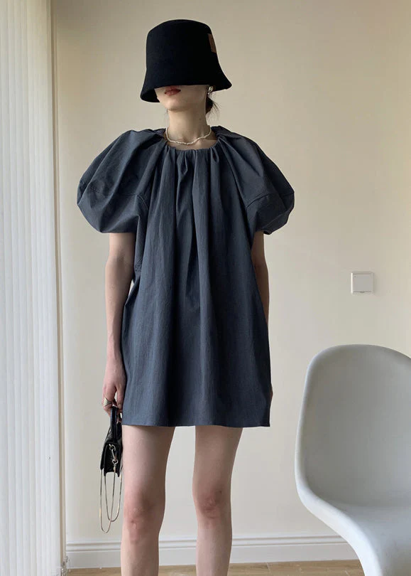 French Grey O Neck Wrinkled Patchwork Cotton Dress Puff Sleeve - Image 3