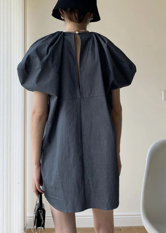 French Grey O Neck Wrinkled Patchwork Cotton Dress Puff Sleeve - Image 4