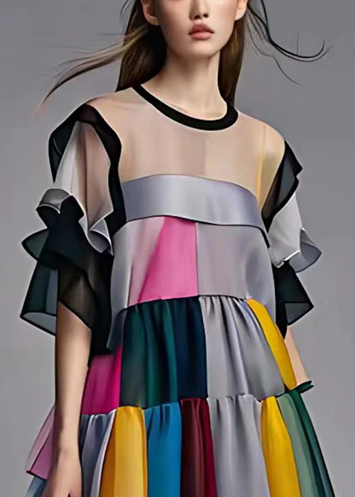 French Grey Original Design Patchwork Chiffon Dress Half Sleeve - Image 3