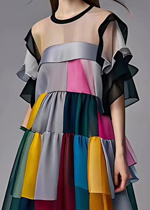 French Grey Original Design Patchwork Chiffon Dress Half Sleeve - Image 4