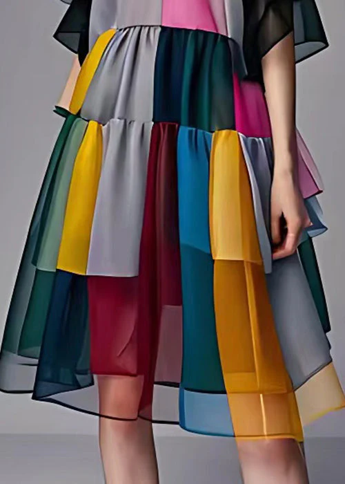 French Grey Original Design Patchwork Chiffon Dress Half Sleeve - Image 5