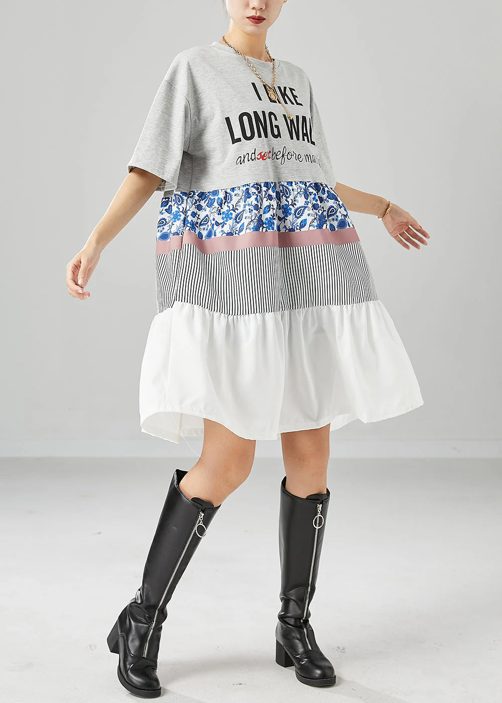 French Grey Oversized Patchwork Ruffles Cotton Holiday Dress Summer