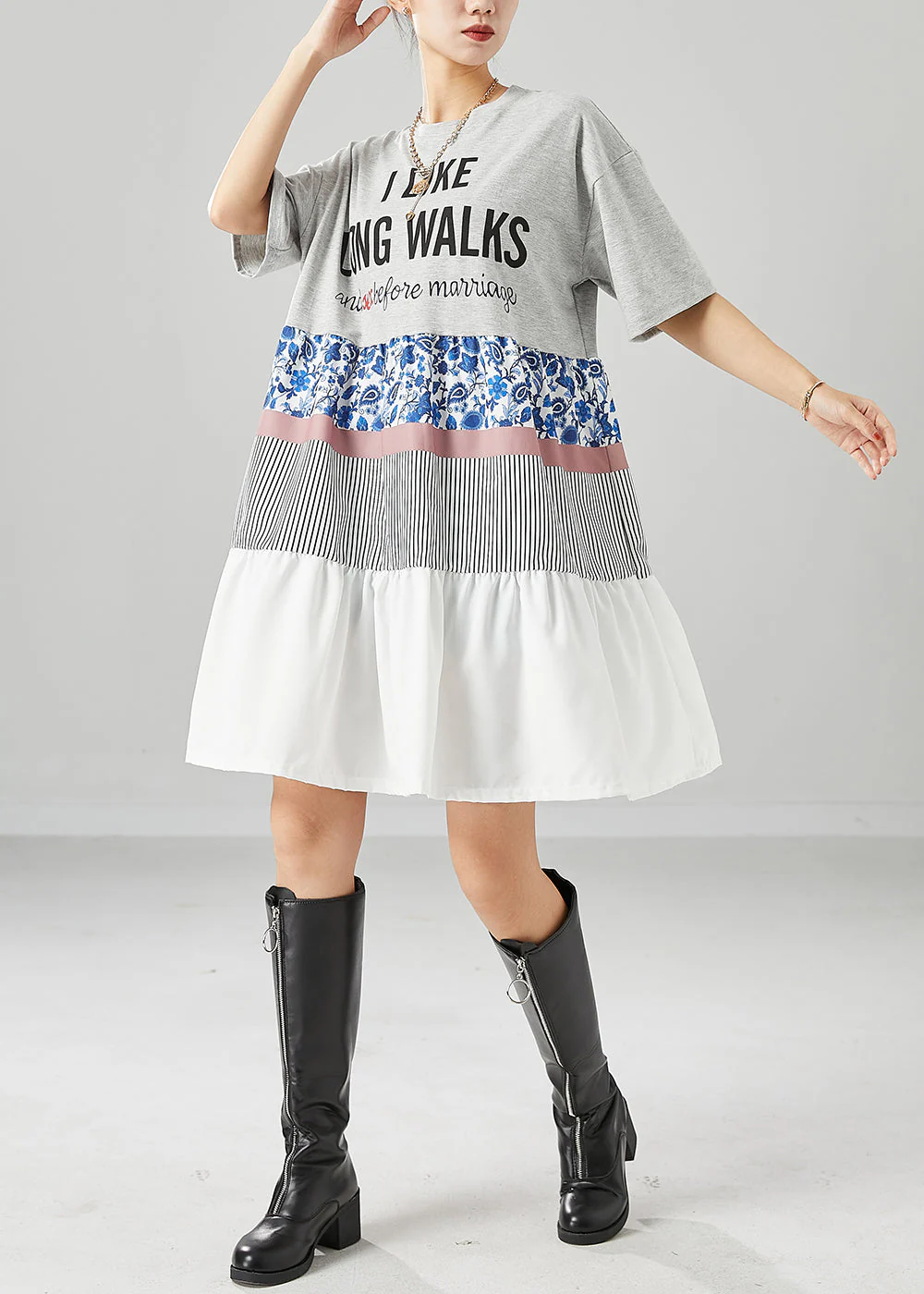 French Grey Oversized Patchwork Ruffles Cotton Holiday Dress Summer - Image 2