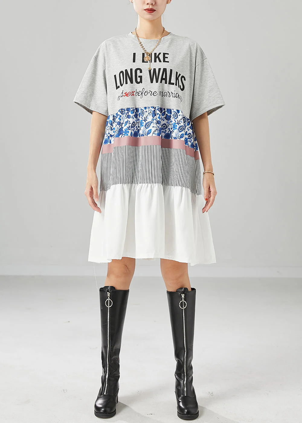 French Grey Oversized Patchwork Ruffles Cotton Holiday Dress Summer - Image 3