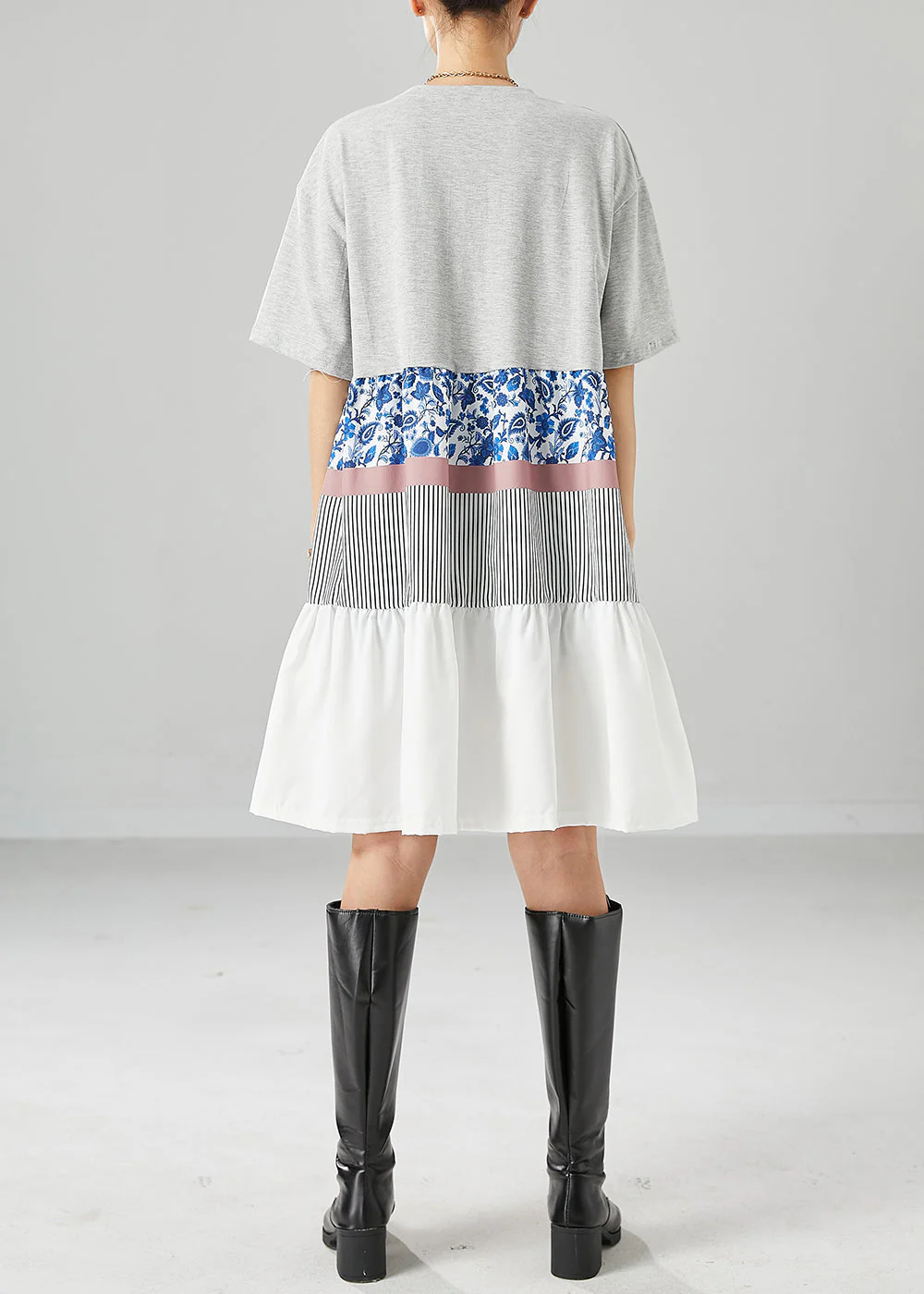 French Grey Oversized Patchwork Ruffles Cotton Holiday Dress Summer - Image 4