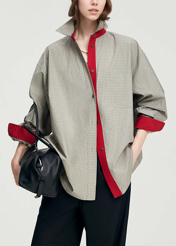 French Grey Oversized Plaid Cotton Fake Two Piece Shirts Spring
