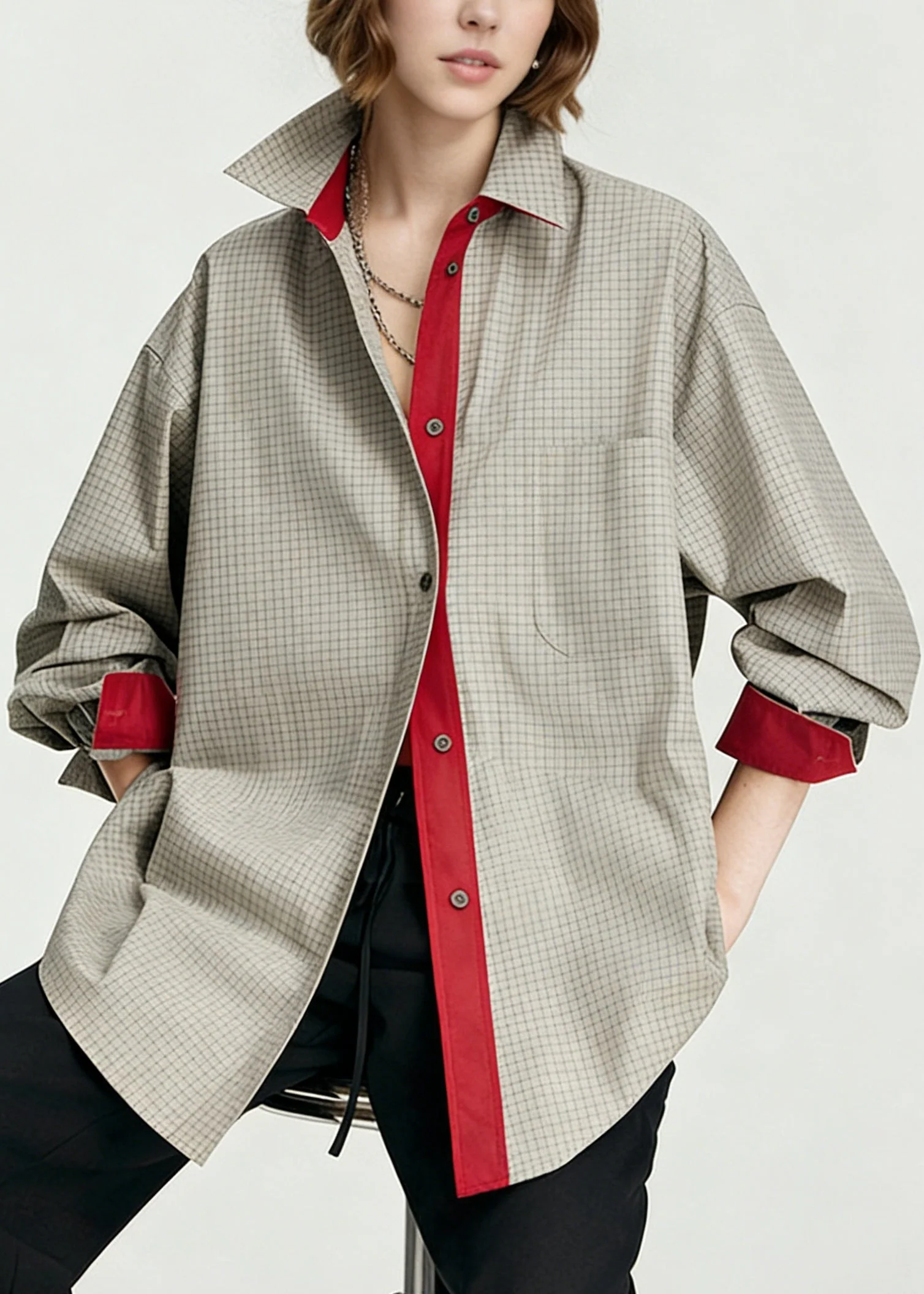 French Grey Oversized Plaid Cotton Fake Two Piece Shirts Spring - Image 2
