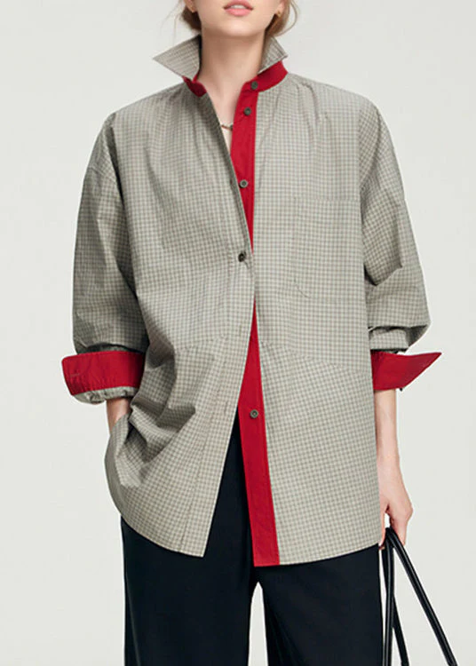 French Grey Oversized Plaid Cotton Fake Two Piece Shirts Spring - Image 3