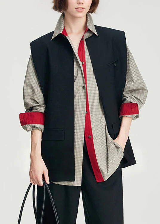 French Grey Oversized Plaid Cotton Fake Two Piece Shirts Spring - Image 4