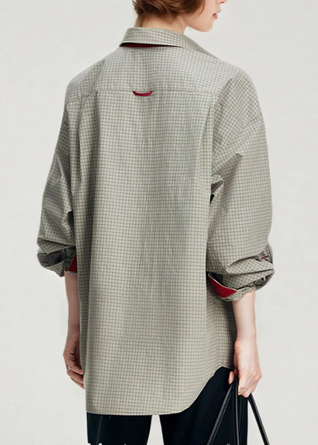 French Grey Oversized Plaid Cotton Fake Two Piece Shirts Spring - Image 5