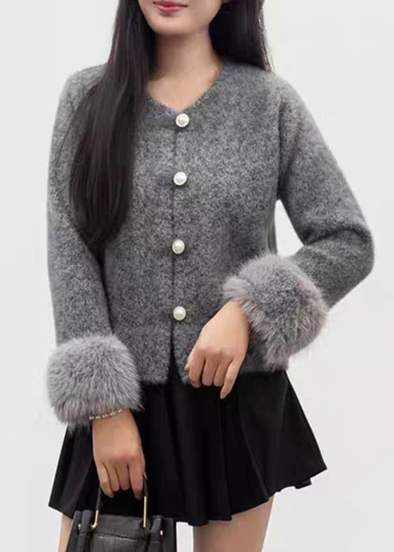 French Grey Patchwork Button Mink Hair Knitted Coats Fall - Image 2