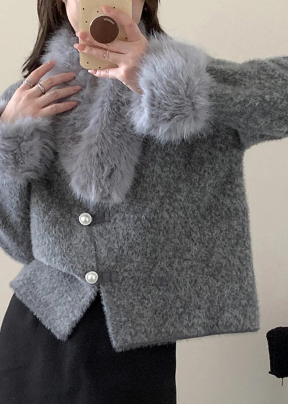 French Grey Patchwork Button Mink Hair Knitted Coats Fall - Image 3