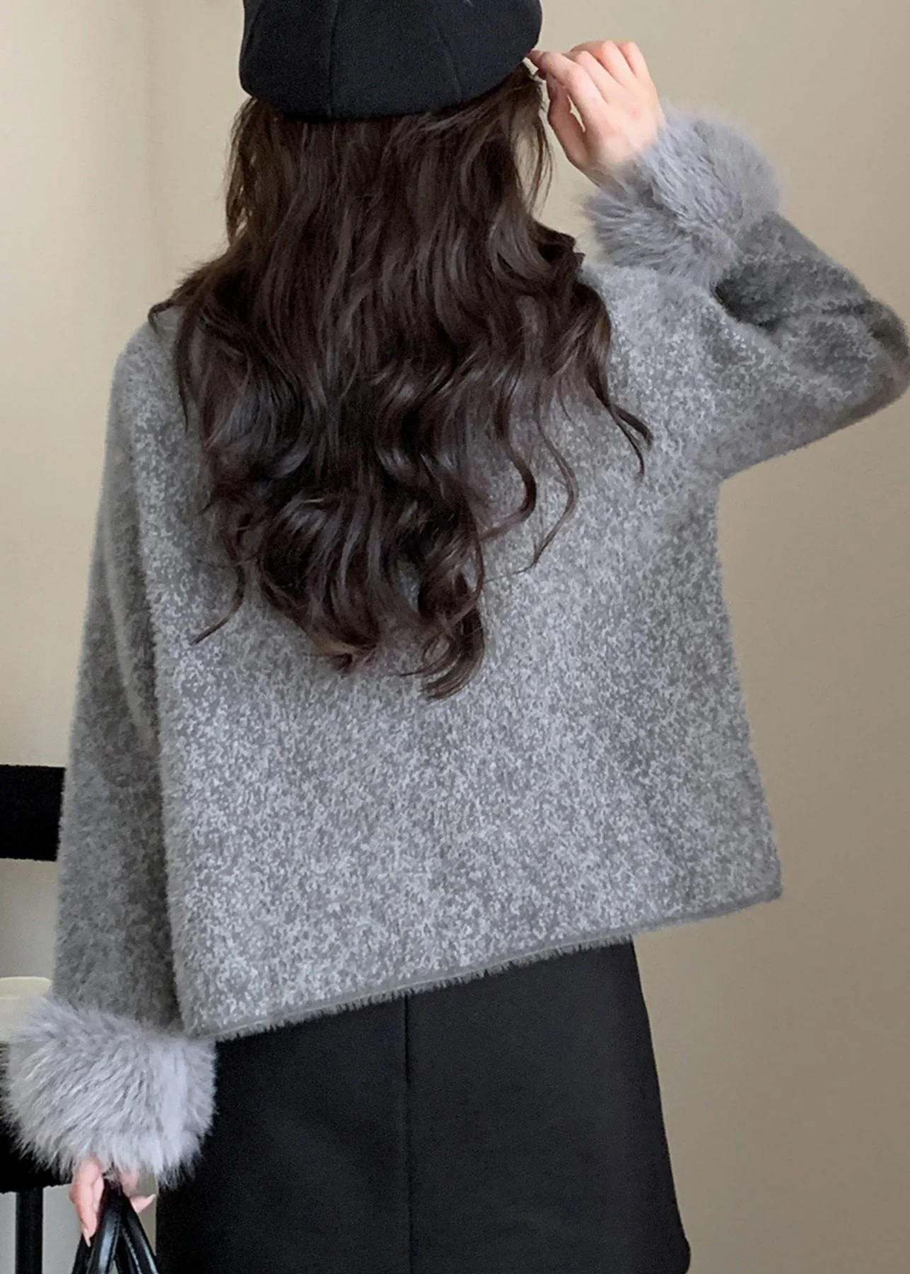 French Grey Patchwork Button Mink Hair Knitted Coats Fall - Image 4