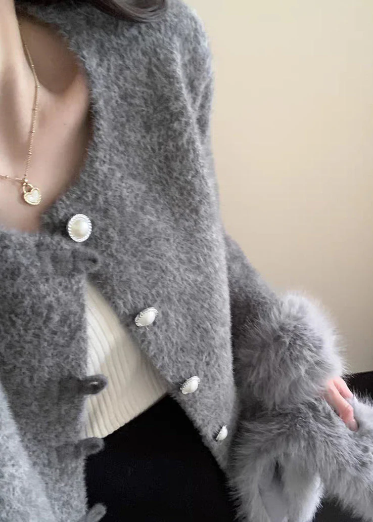 French Grey Patchwork Button Mink Hair Knitted Coats Fall - Image 5