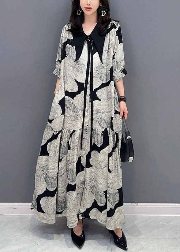 French Grey Peter Pan Collar Wrinkled Print Patchwork Long Chiffon Dress Summer - Image 2