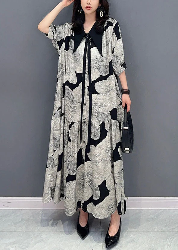 French Grey Peter Pan Collar Wrinkled Print Patchwork Long Chiffon Dress Summer - Image 3