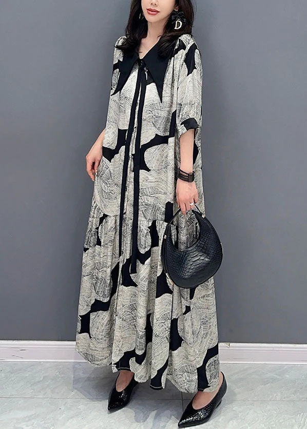 French Grey Peter Pan Collar Wrinkled Print Patchwork Long Chiffon Dress Summer - Image 4