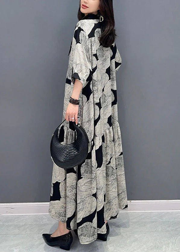 French Grey Peter Pan Collar Wrinkled Print Patchwork Long Chiffon Dress Summer - Image 5