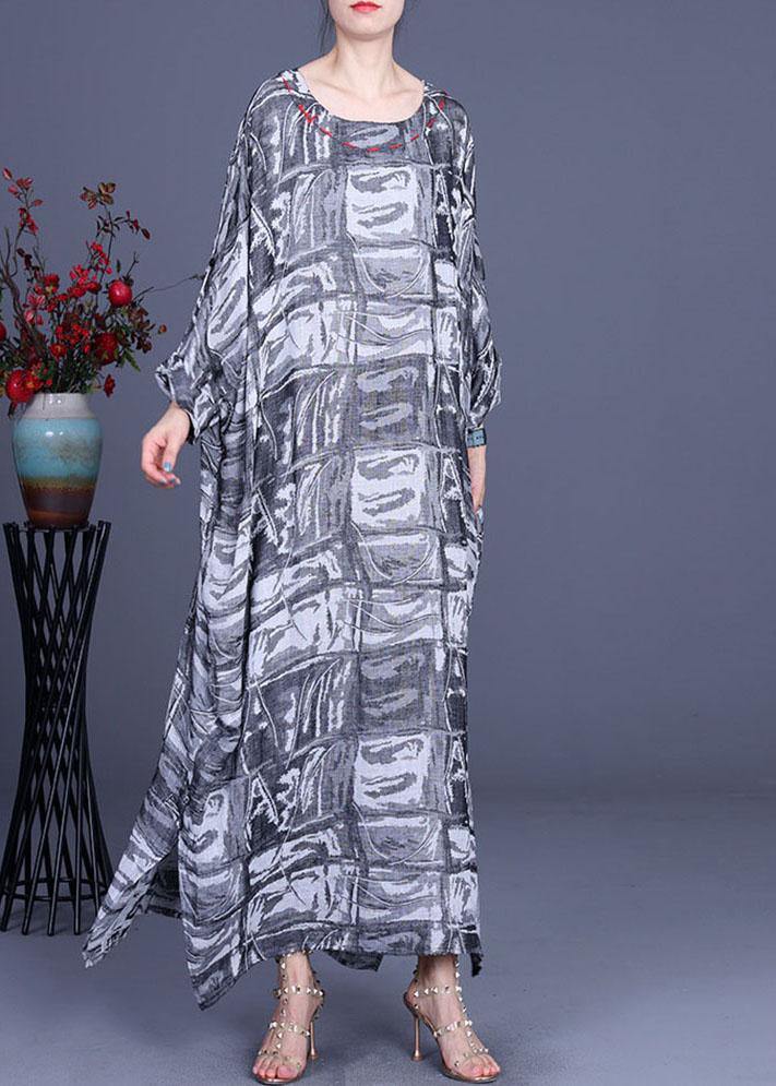 French Grey Print Cotton Linen Side open Party Dress Summer - Image 2