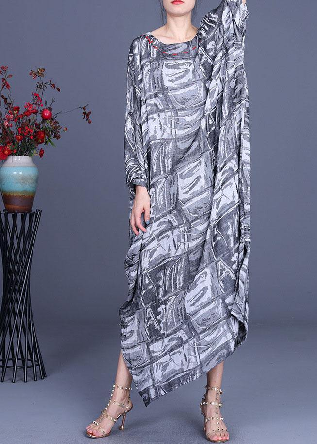 French Grey Print Cotton Linen Side open Party Dress Summer - Image 3