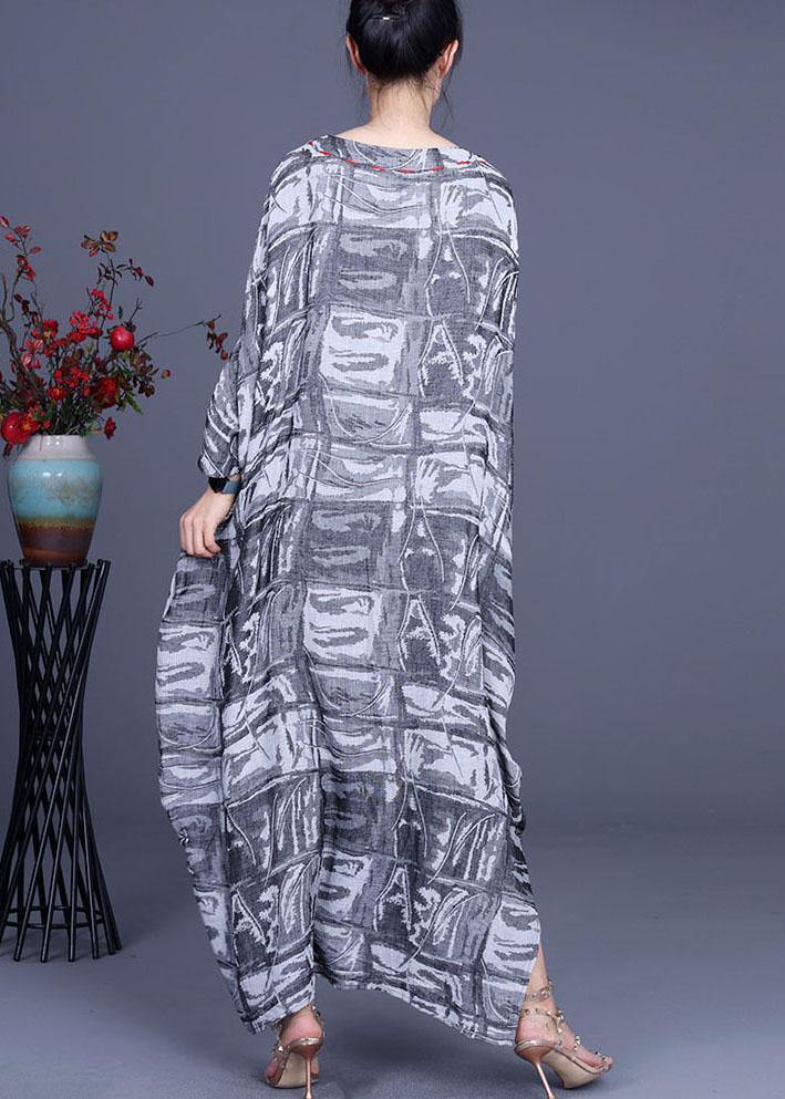 French Grey Print Cotton Linen Side open Party Dress Summer - Image 4
