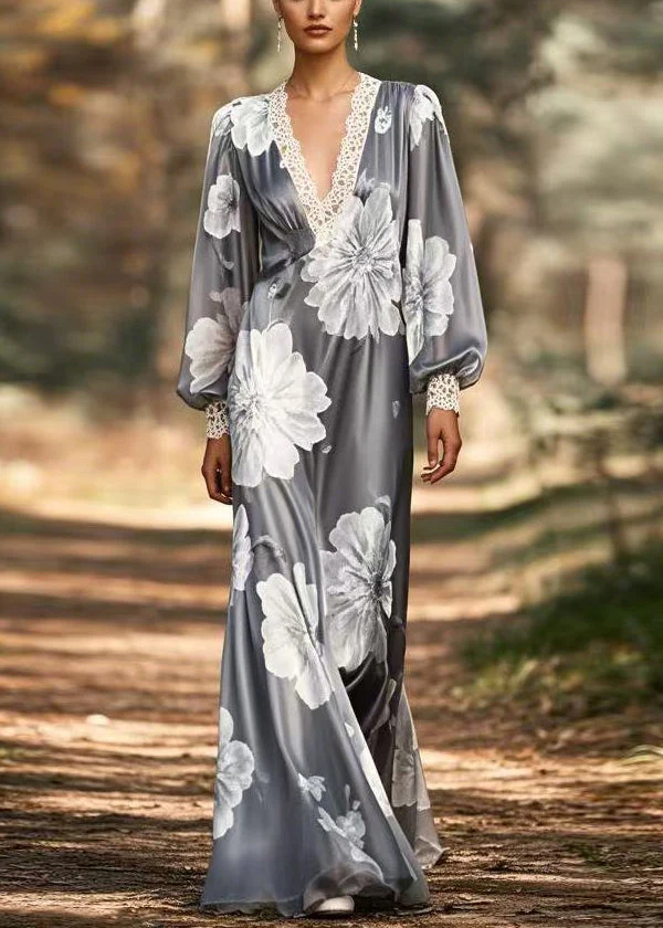 French Grey Print Original Design Silk Long Dress Spring - Image 3