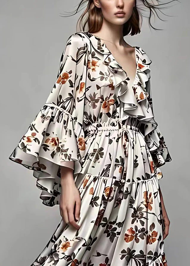 French Grey Ruffled Print Lace Up Cotton Maxi Dresses Flare Sleeve - Image 2